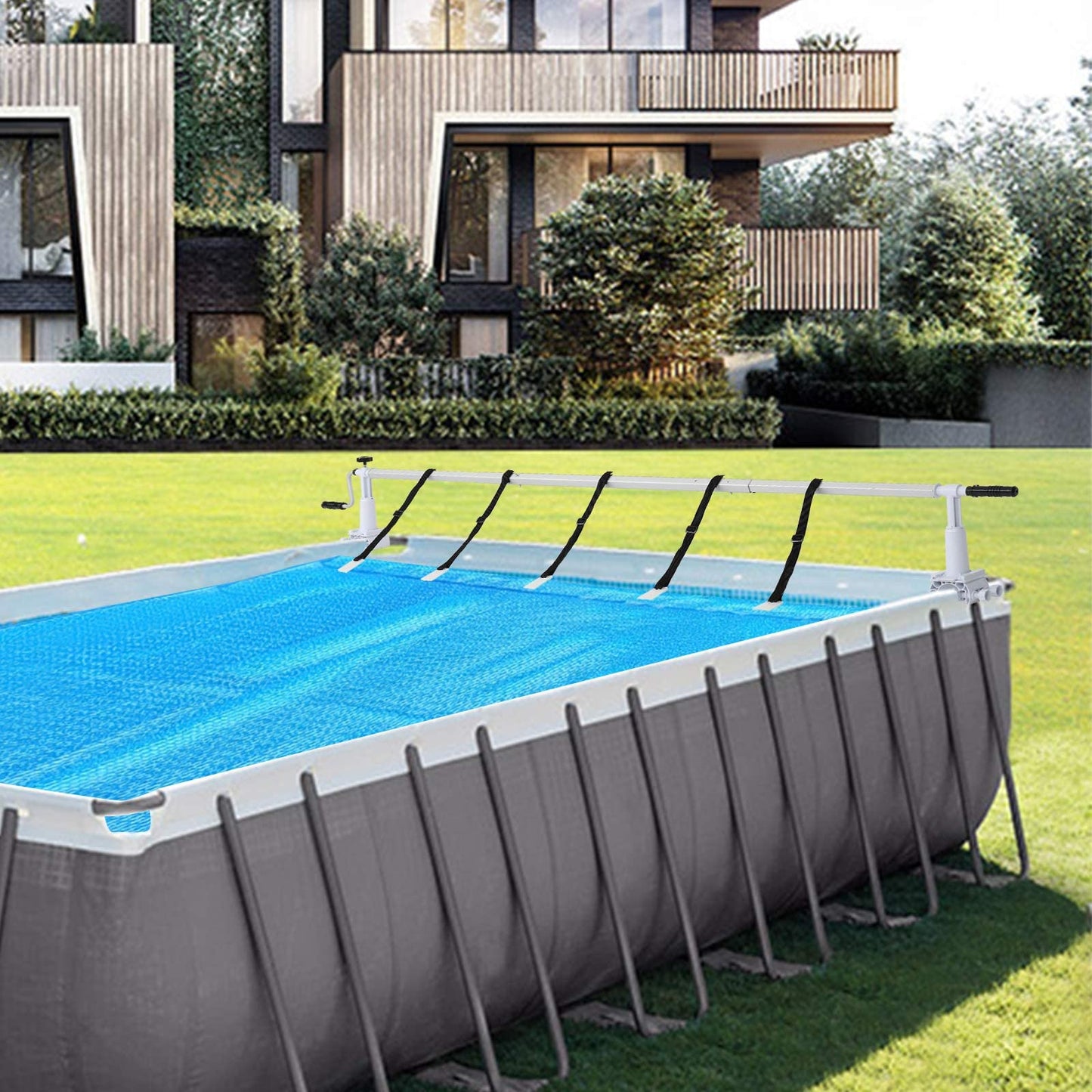VINGLI 16 Feet Pool Cover Reel Set Attach Solar Cover for Above Ground Swimming Pool Without Deck, Suitable for Various Shape Pool, Including Bracket and Tube of Complete System
