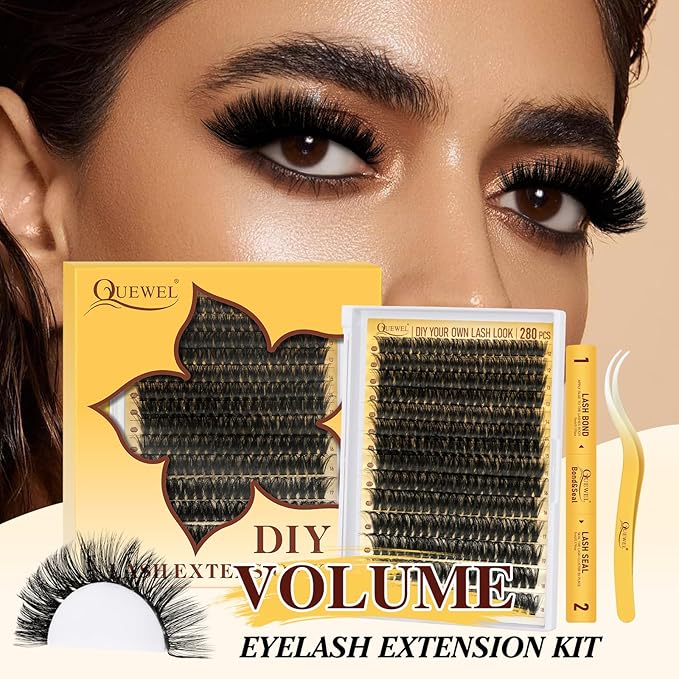 QUEWEL Lash Clusters Kit, 320Pcs 100D Lash Cluster Eyelash Extensions Mix 12-18mm 3D Eyelash Clusters with Lash Bond and Seal and Lashes Tweezers Easily Create 3D Lashes Clusters at Home(100D Kit)