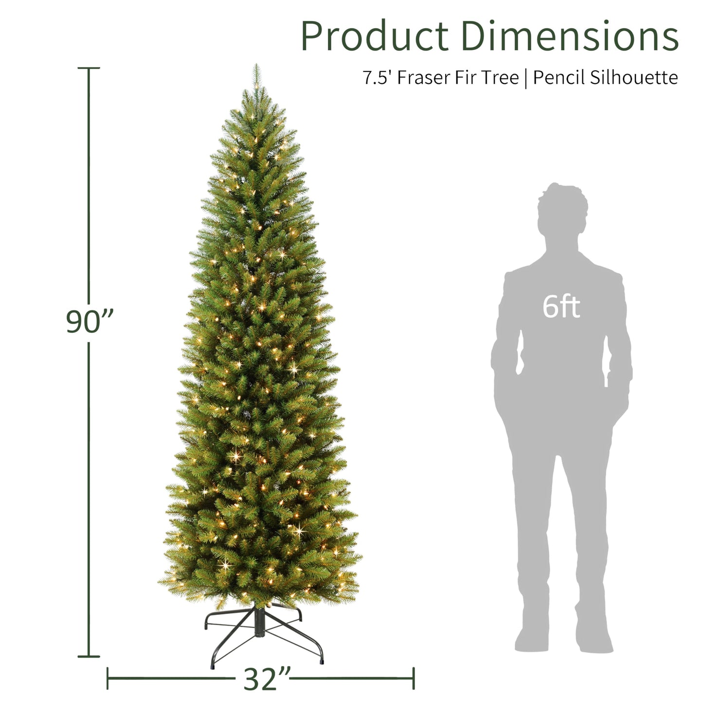 Puleo International 7.5ft Pre-Lit Slim Fraser Fir Christmas Tree with 350 Clear Lights, 1188 Realistic Dense Branch Tips, Easy Setup Artificial Trees with Sturdy Metal Stand