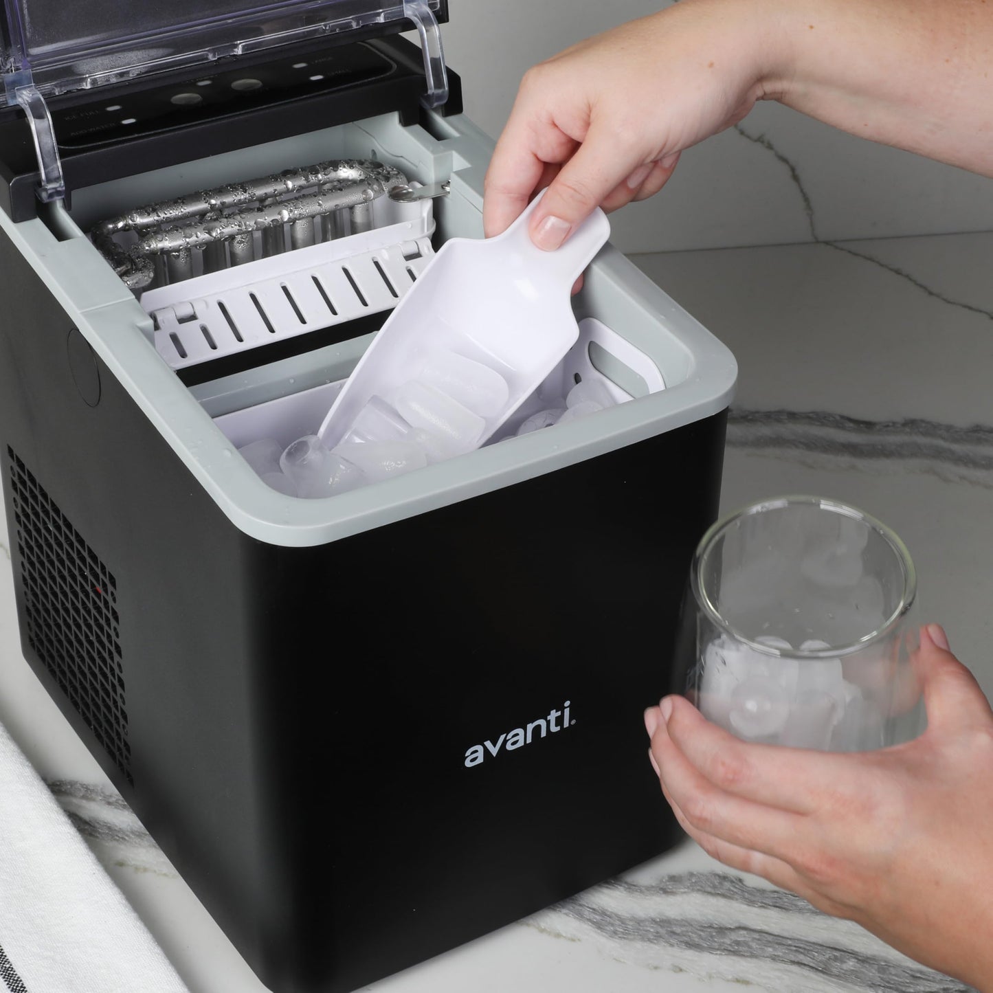 Avanti Ice Maker Mighty Ice Countertop Design Makes 26 Pounds of Bullet-Shaped Ice Cubes in 24 Hours, Digital Touch Controls and Self Cleaning Function, Includes Scoop, Black