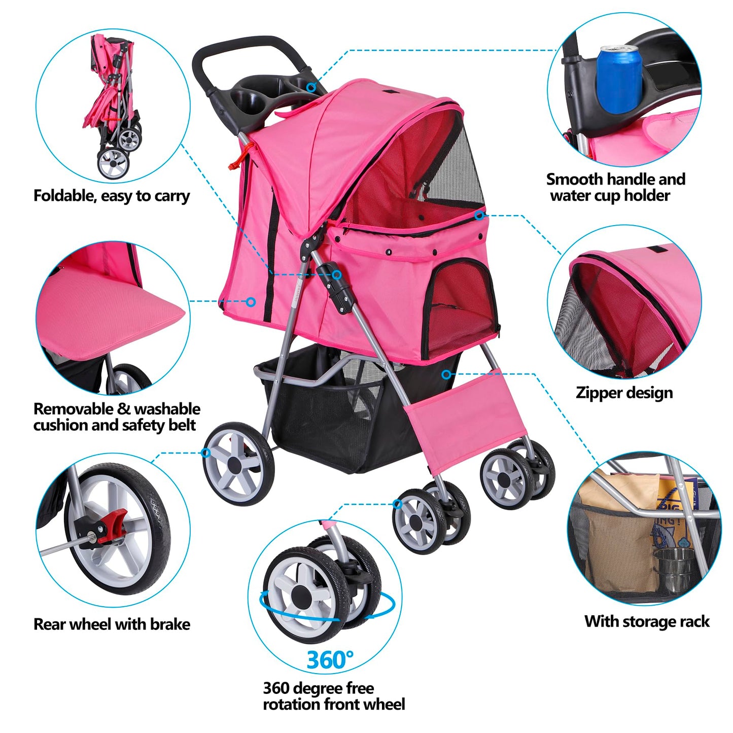 Epetlover 4 Wheels Dog Stroller Folding Pet Strolling Cart for Small Medium Cats Puppies Portable Jogger Travel Camping Puppy Carrier with Storage Basket Cup Holder, Pink
