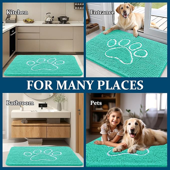 OLANLY Dog Door Mat for Muddy Paws 59x35, Paw Print Design, Absorbs Moisture and Dirt, Absorbent Non-Slip Washable Doormat, Quick Dry Chenille Mud Mat for Dogs, Entry Indoor Entryway Carpet, Teal