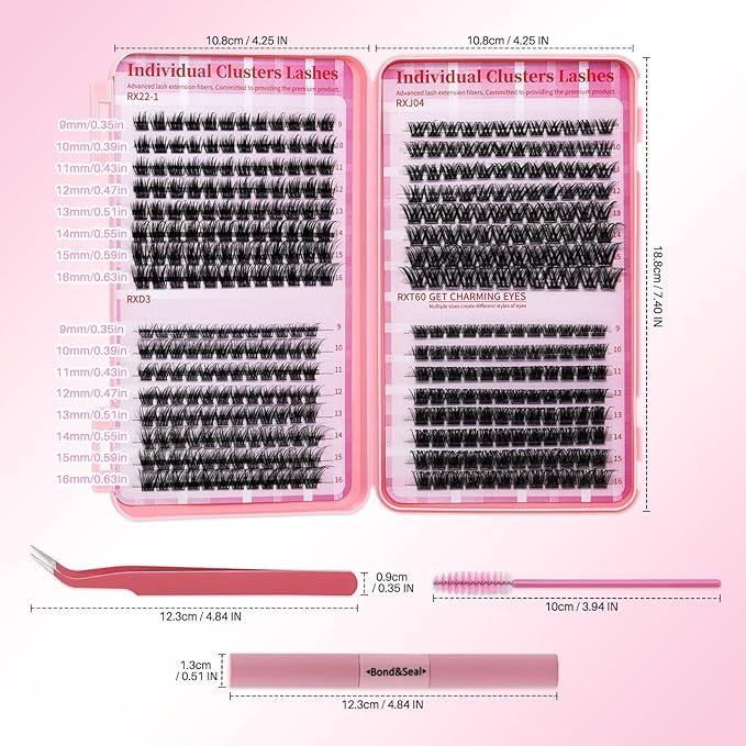 RITALASH Lash Clusters Kit with Lash Bond and Seal DIY Lash Extension Kit Cluster Lashes Mixed Tray Eyelash Extension Kit Soft Thin Band Individual Lashes,Lash Tweezers,Mascara Brush(RX Kit,9-16mm)