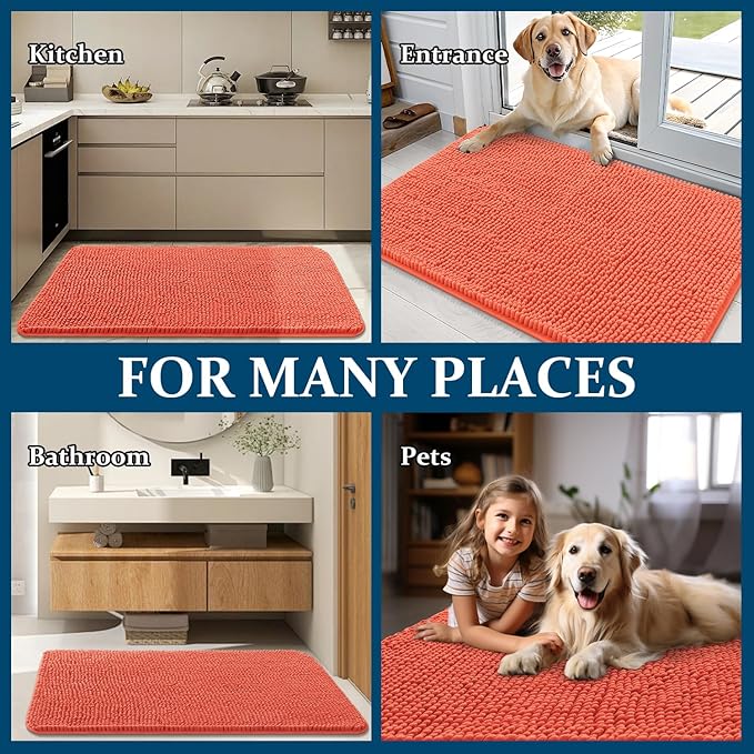 OLANLY Dog Door Mat for Muddy Paws 35x24, Absorbs Moisture and Dirt, Absorbent Non-Slip Washable Doormat, Quick Dry Chenille Mud Mat for Dogs, Entry Indoor Entryway Carpet for Inside Floor, Coral
