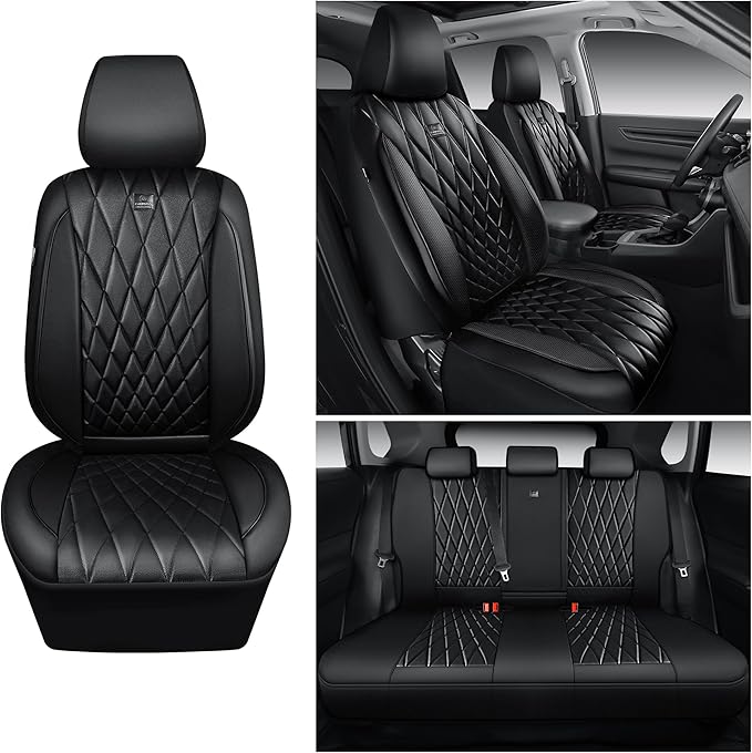CAR PASS Rav4 Seat Covers Full Set Custom Fit for Toyota RAV4 Tocamo Corolla-Cross 2019-2024, Luxury Nappa Leather Waterproof Rav 4 Seat Covers, Anti-Slip Comfortable Airbag Compatible, Full Black