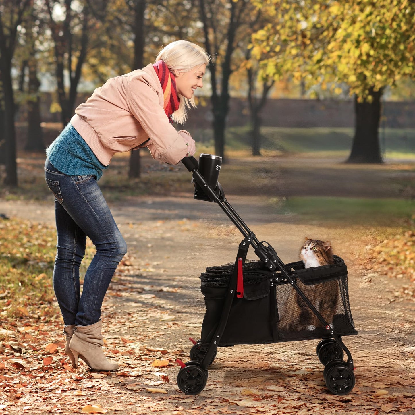 Foldable Pet Stroller for Small/Medium Pets up to 22 lbs - Lightweight 4-Wheel Design with Sun Canopy, Storage Bag & Breathable Mesh(Black