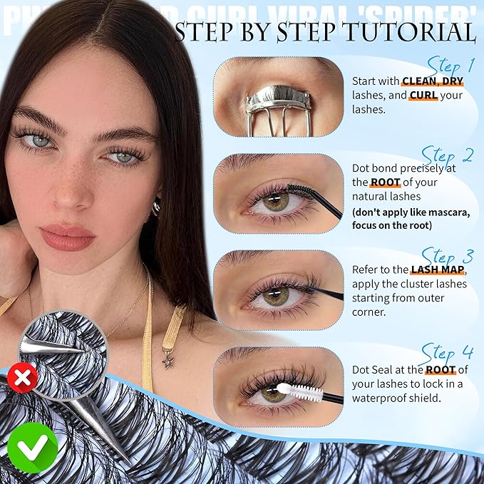 PHKERATA Spider Lash Clusters Natural Fluffy Eyelash Clusters, Wispy D Curl Cluster Eyelash Extensions with Invisible Clear Band, 12-16mm DIY Individual Lashes