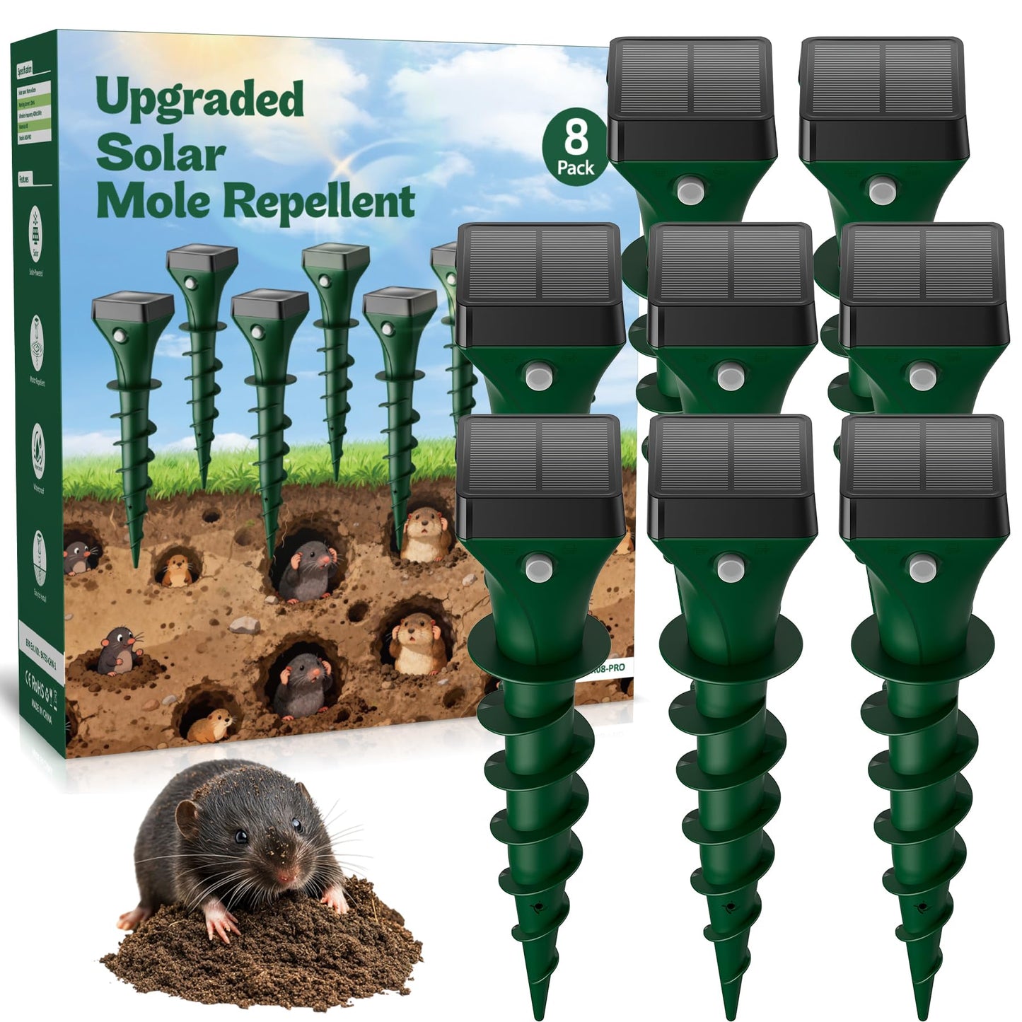 Mole Repellent Solar Powered, 8 Pack Snake & Skunk Repellent for Yard, Ultrasonic Mole Stakes for Lawns, IP65 Waterproof Gopher Repellent to Get Rid of Gopher, Vole, Chipmunk and Groundhog for Farm