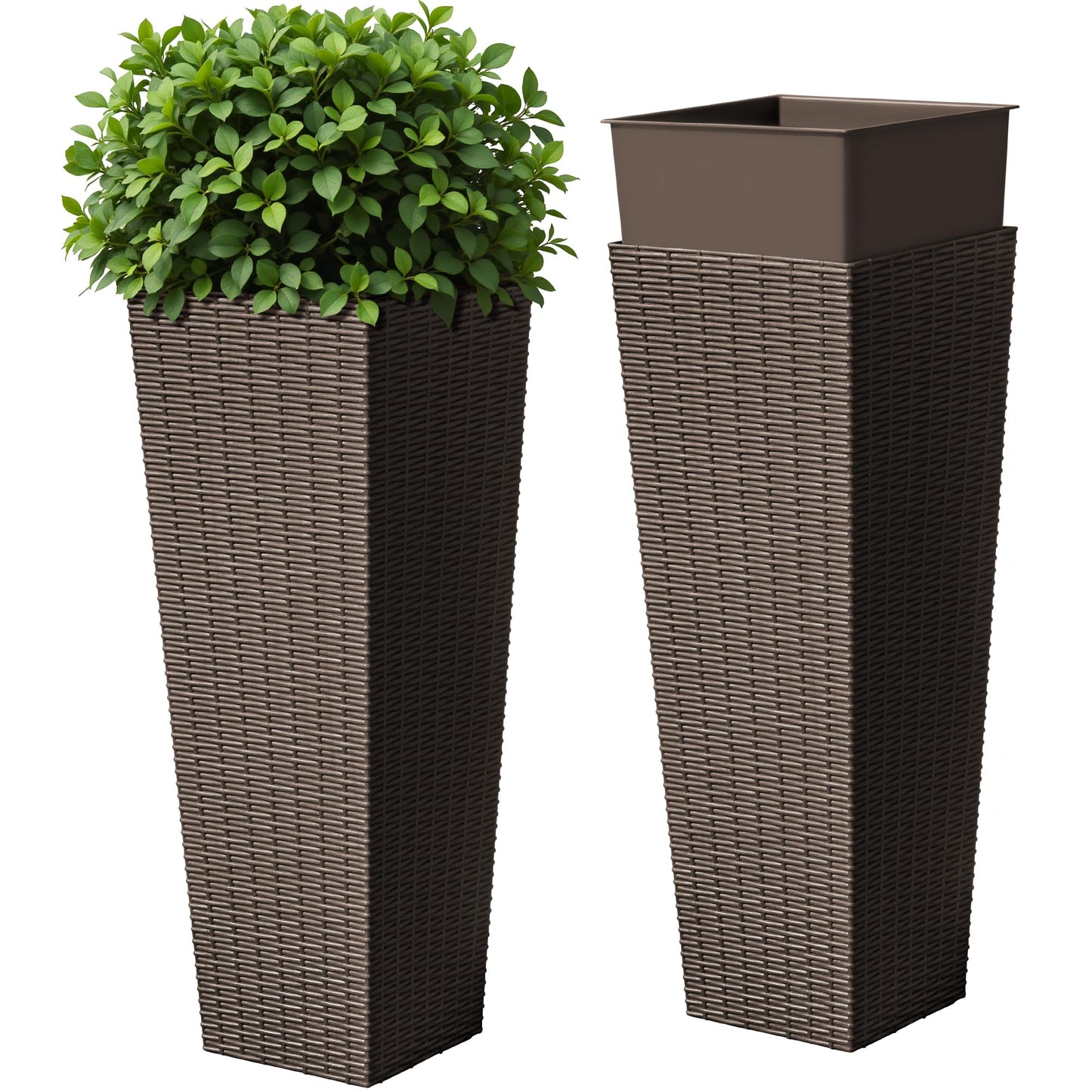 Devoko Resin Tall Planters for Outdoor Plants Set of 2, Large Taper Outdoor Planter Pots with 4 Drainage Holes, Flower Pots Modern Decor for Porch, Patio, Backyard, Home Garden (Brown, 32")