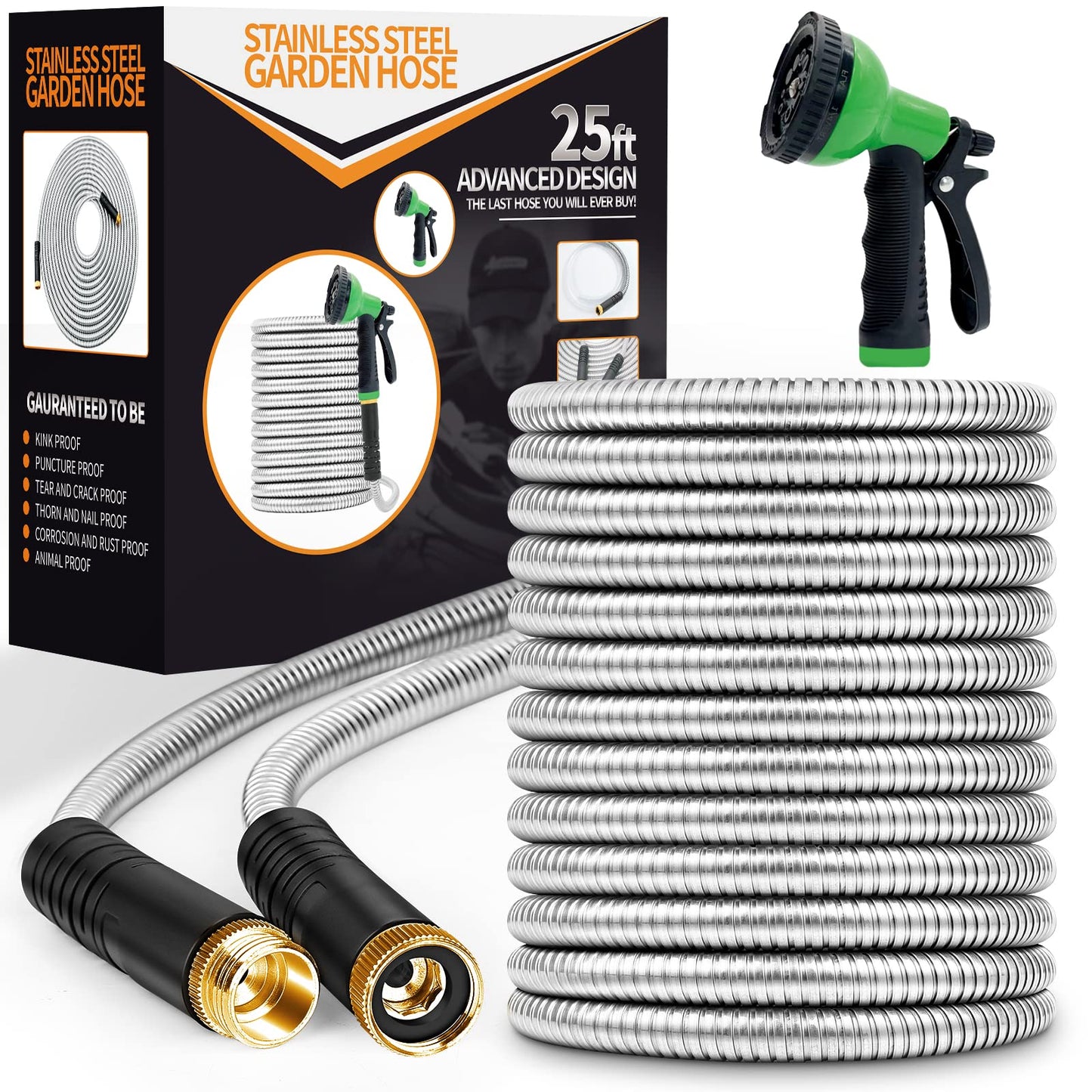 Garden Hose 25ft, Stainless Steel Heavy Duty Water Hose with 10 Function Nozzle Flexible, Lightweight, No-Kink, Pet Proof, Puncture Proof Metal Hose for Yard, Outdoor