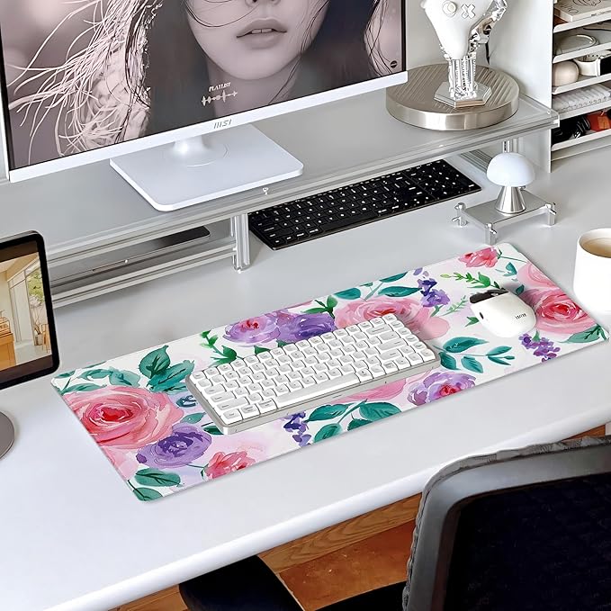 31.5?€?x11.8?€?Large Gaming Mouse Pad for Desk, Mouse Mat with Seamed Edges, Waterproof Desk Pad, Non-Slip Rubber Base, Keyboard Pad Computer Mat, Big XL Mousepad-Rose Watercolor Painting