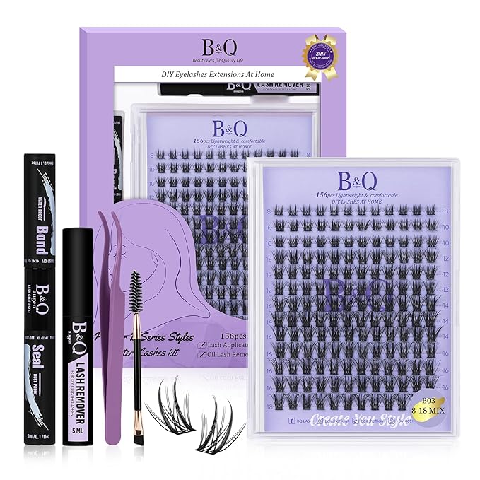 B&Q Wispy Lash Clusters Kit B03, DIY Lash Extension Kit 156PCS Eyelash Extension Kit, Soft Natural Lash Clusters 8-18MIX D Curl Lash cluster, Thin Black Band Cluster Eyelash Extensions (B03 Set)