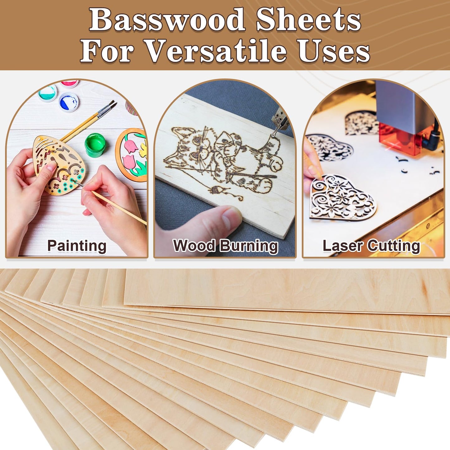 MITINU 50 Pack Basswood Sheets for Crafts,12"x12"x1/8" 3mm Thick Plywood Sheets with Smooth Surfaces-Unfinished Squares Wood Boards for Laser Cutting, Wood Burning, Architectural Models, Staining