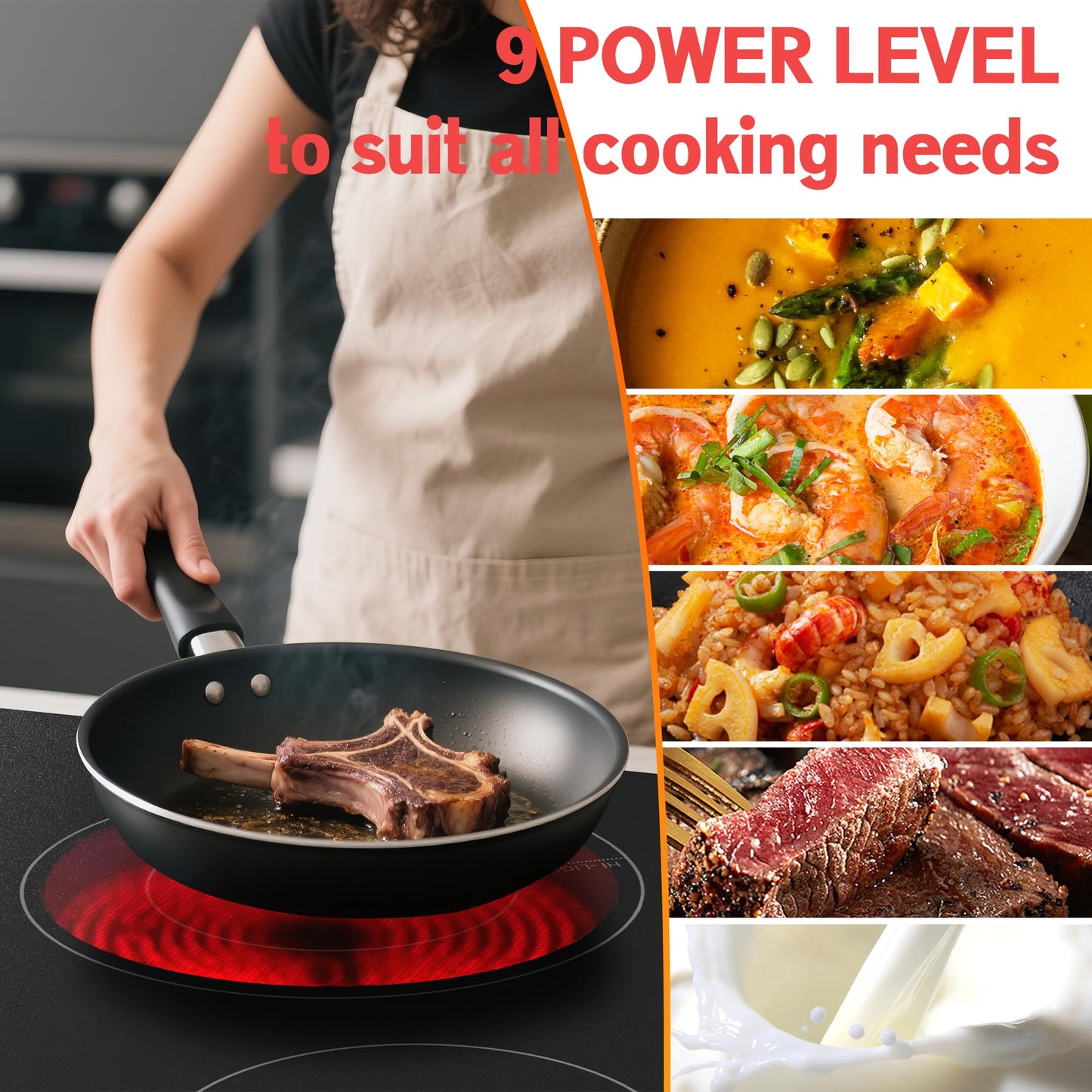 Karinear 36" Electric Cooktop 5 Burners, Knob Control Electric Stove Top, 9 Power Levels, Residual Heat Indicator, 8400W, 40A, 240V Hardwire(Black)