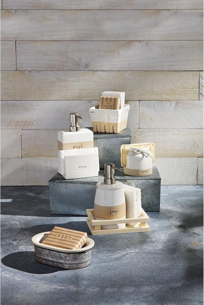 Mud Pie 41220001 Stoneware Sponge Holder, 3 1/2" x 3 1/2", Brown and White