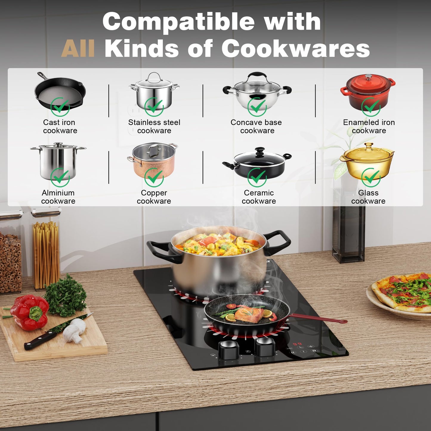 Karinear 110V Electric Cooktop 2 Burners, 12 Inch Electric Stove with Plug in, Countertop & Built-in Ceramic Stove Top, Knob and Sensor Touch Control, Multifunctional Radiant Stove(Silver knob)