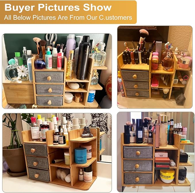 Large Makeup Organizer For Vanity, Large Capacity 3 Tiers Bamboo Bathroom Counter Organizers and Storage, Countertop Makeup Brush Holder, Nail Polish Perfume Stand with 3 Drawers and 10 Compartments