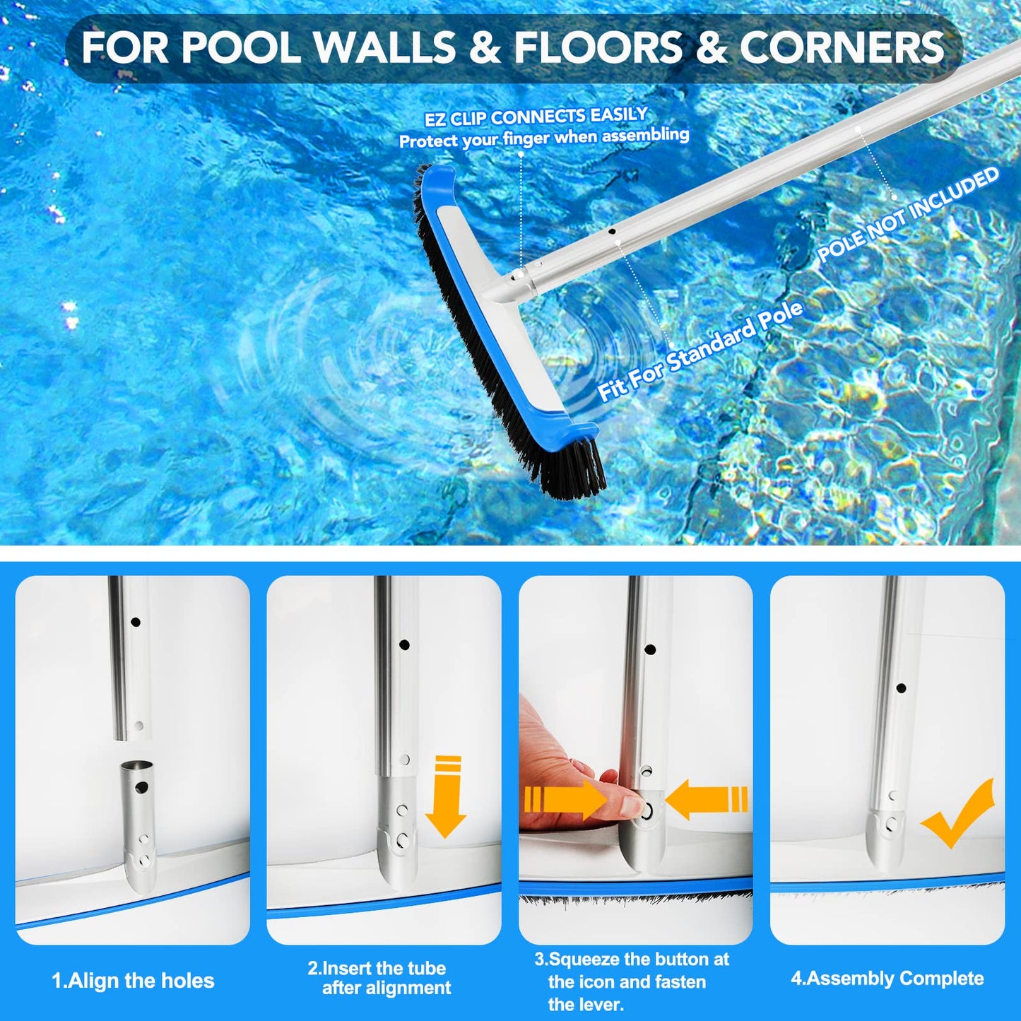 TidyMister Pool Brush 17.5'' Heavy Duty Swimming Pool Brushes for Cleaning Pool Walls & Tiles & Floors & Corners Scrub Brush Head Reinforced Aluminum Back