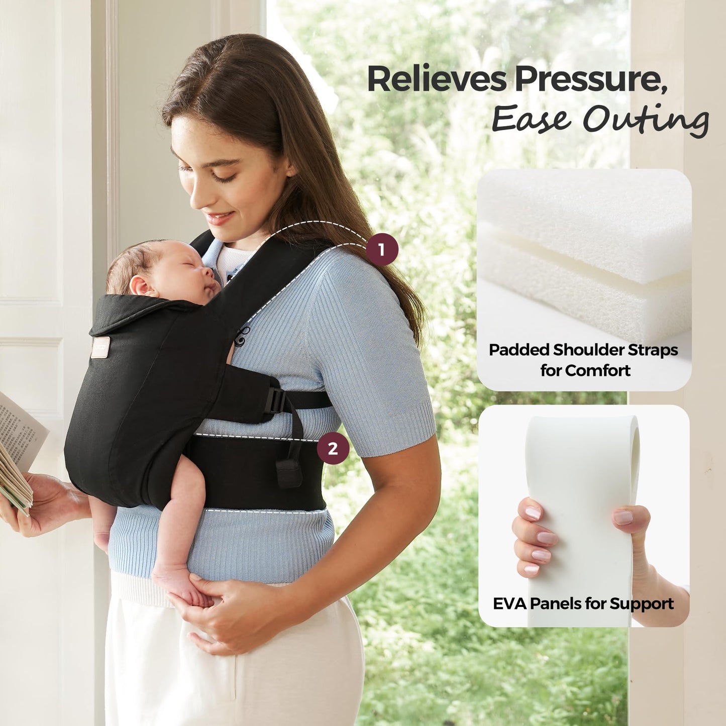 Momcozy Newborn Carrier WeeSnug- Lightweight and Cozy Comfort for 7-25 lbs, Ergonomic Cross-Back Support, Effortless to Put On, Hands-Free Baby Carrier with Lumbar Support, Black