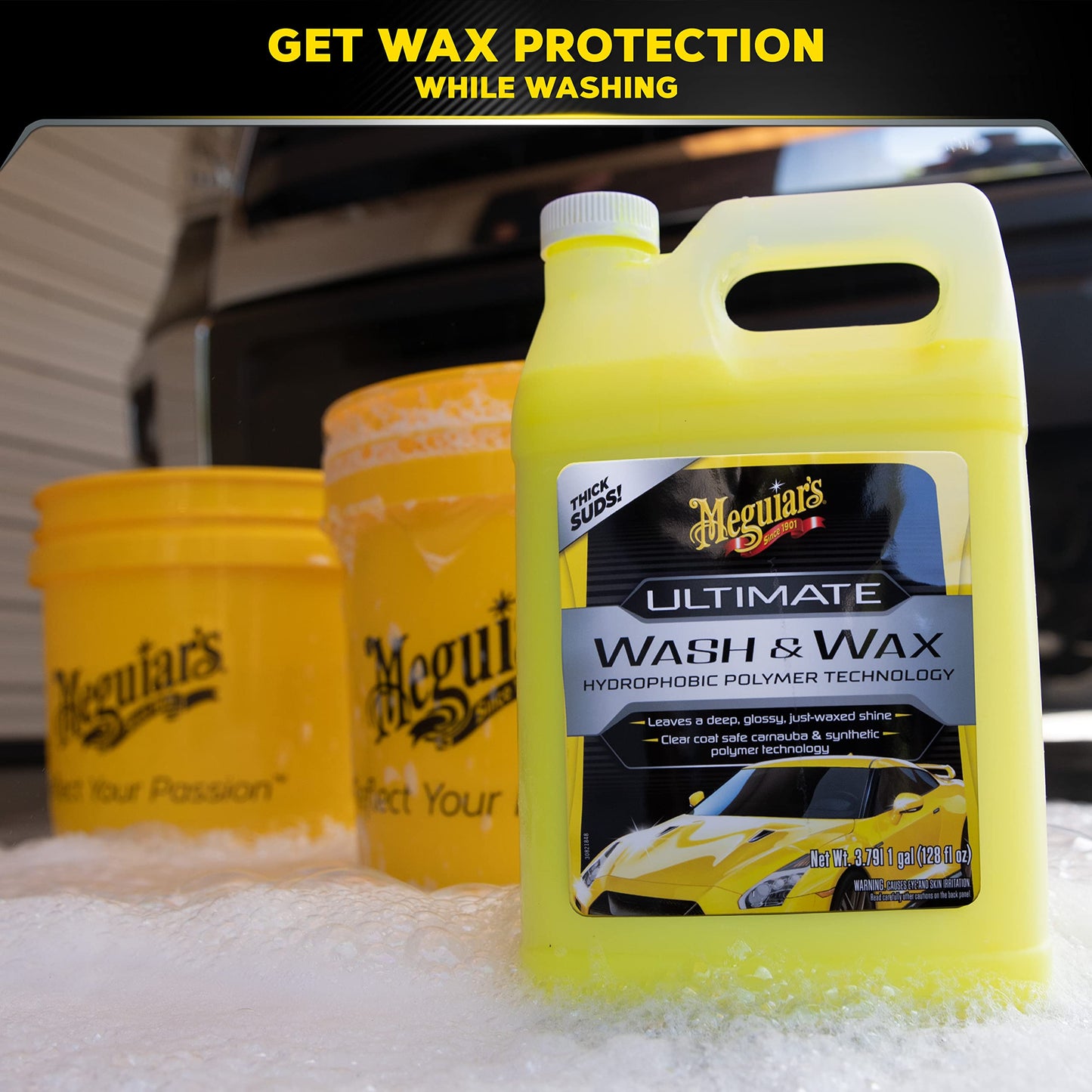 Meguiar's Ultimate Wash and Wax, Car Wash Soap and Wax Cleans & Shines in One Step, Shine & Protect with an Enhanced pH Balanced Car Paint Cleaner, 1 Gallon