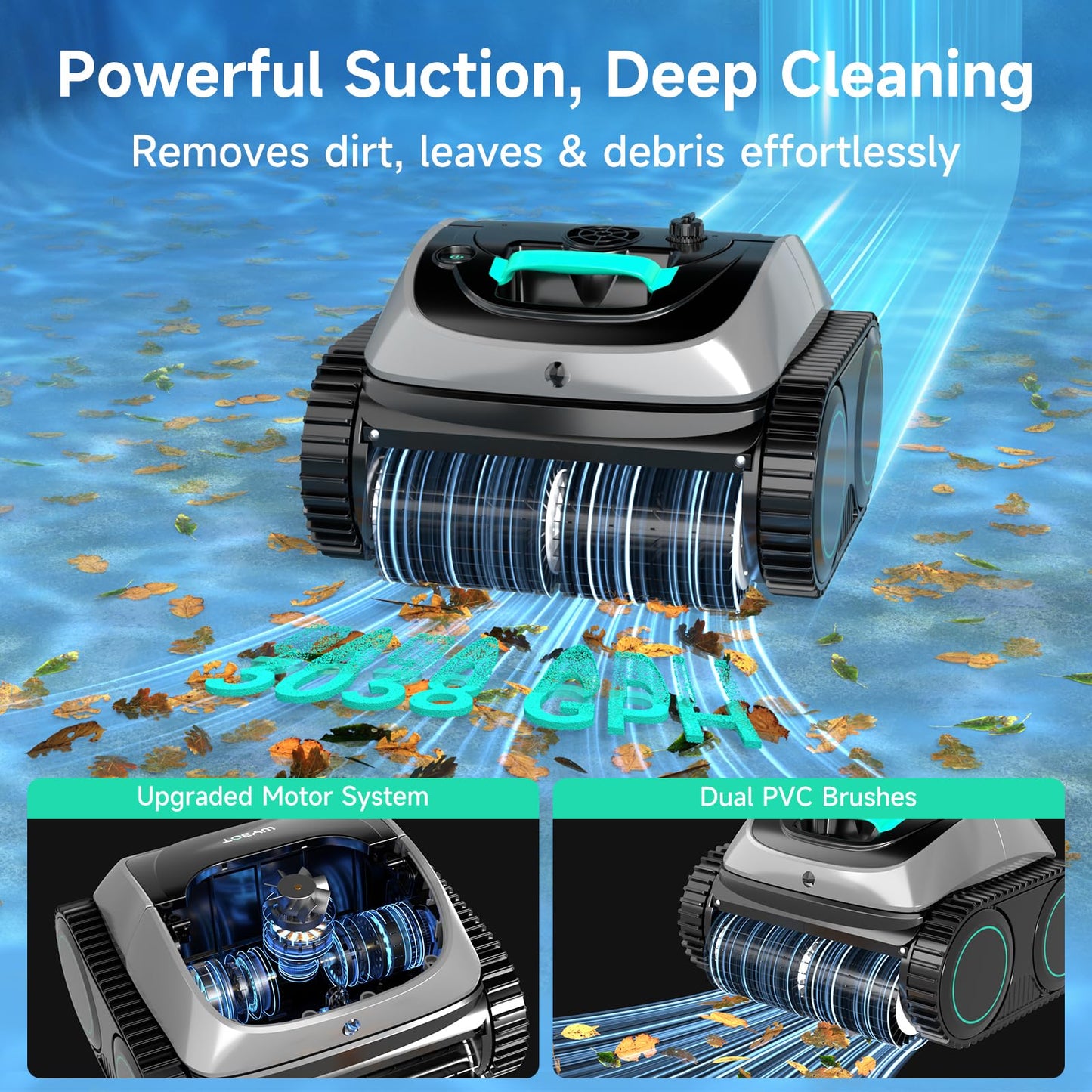 WYBOT Pool Vacuum for Inground Pools, 4-in-1 Cordless Robotic Pool Cleaner for Above Ground Pools, Triple-Motor up to 1,614 Sq.ft, Wall & Waterline Cleaning, WiFi & Bluetooth (Grey with Green)