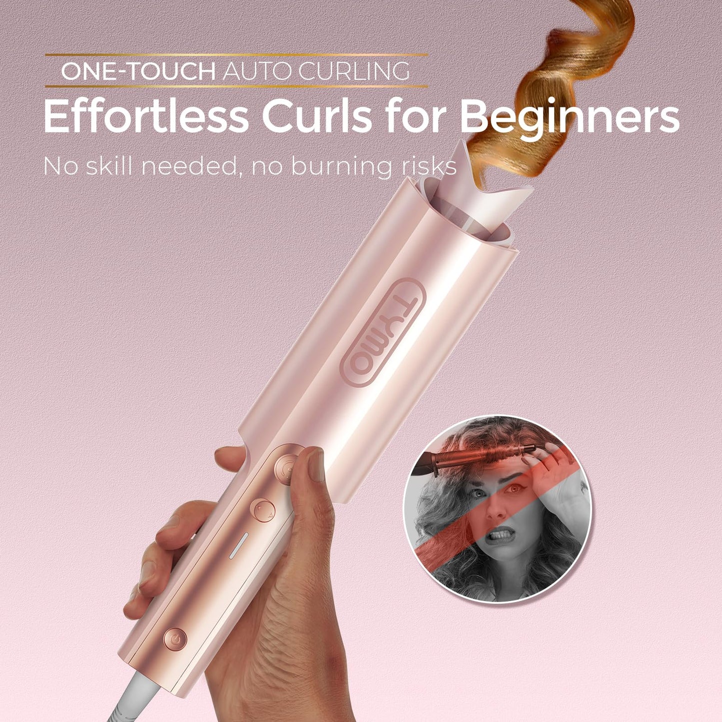 TYMO CurlPro Plus Automatic Rotating Curling Iron - Upgraded Long Barrel Curling Wand for Long Hair, Ceramic Hair Curler for Women, Anti-Scald, 600M Ionic, Dual Voltage, Gold Blush, 1 1/4 Inch
