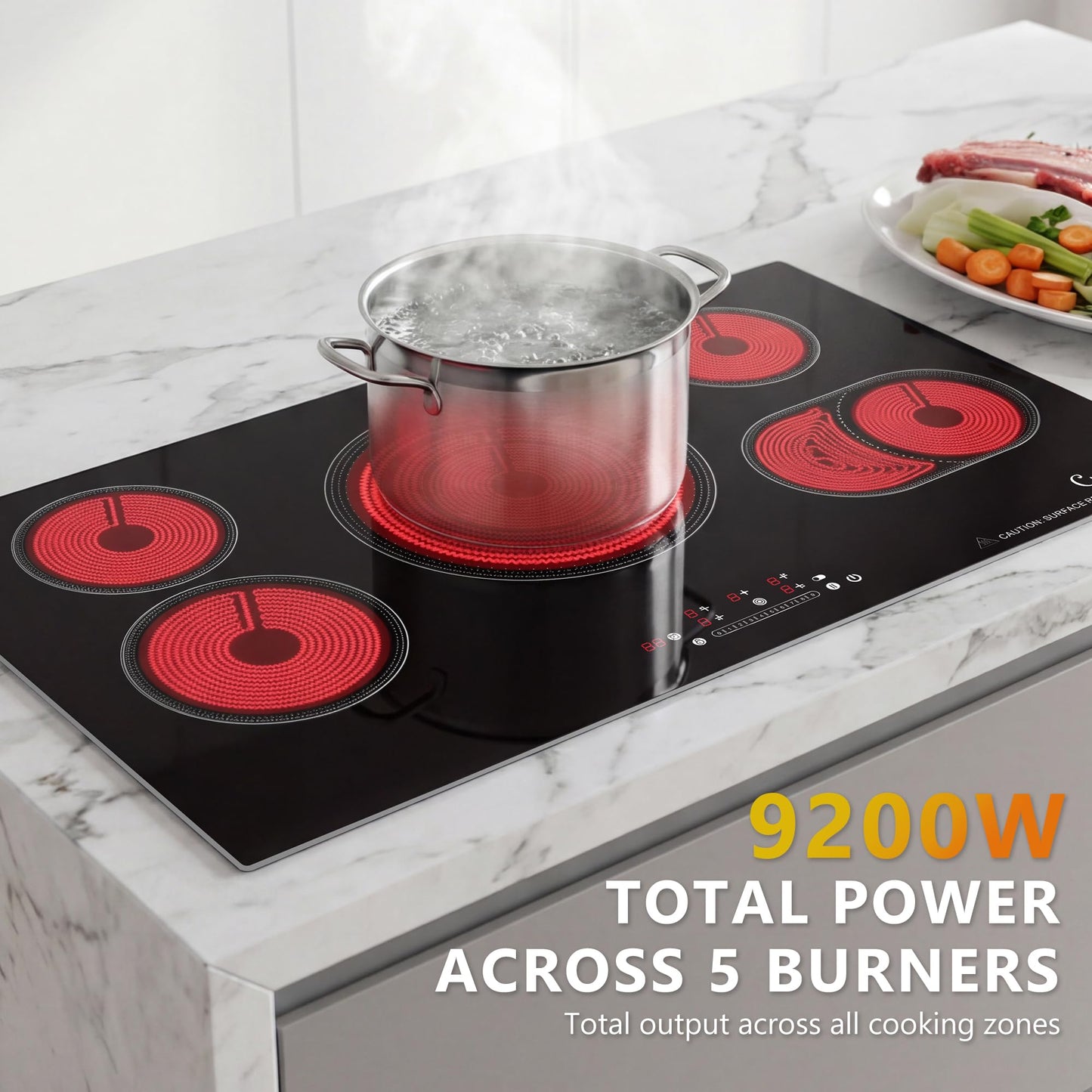 36 Inch Electric Cooktop 5 Burner, Built-In Ceramic Glass Cooktop 220-240V Hardwired, 9200W Radiant Electric Stove Top with Touch Control, 9 Heat Levels, Timer, Safety Lock, Works with All Cookware