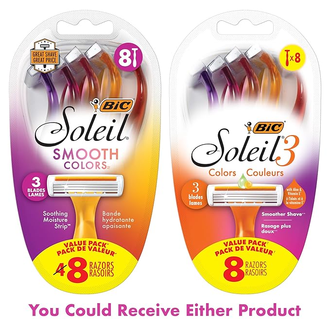 BIC Soleil 3 Colors Women's Disposable 3-Blade Razors, Aloe Vera and Vitamin E Lubricating Strip for Smooth Shaves, 8-Pack