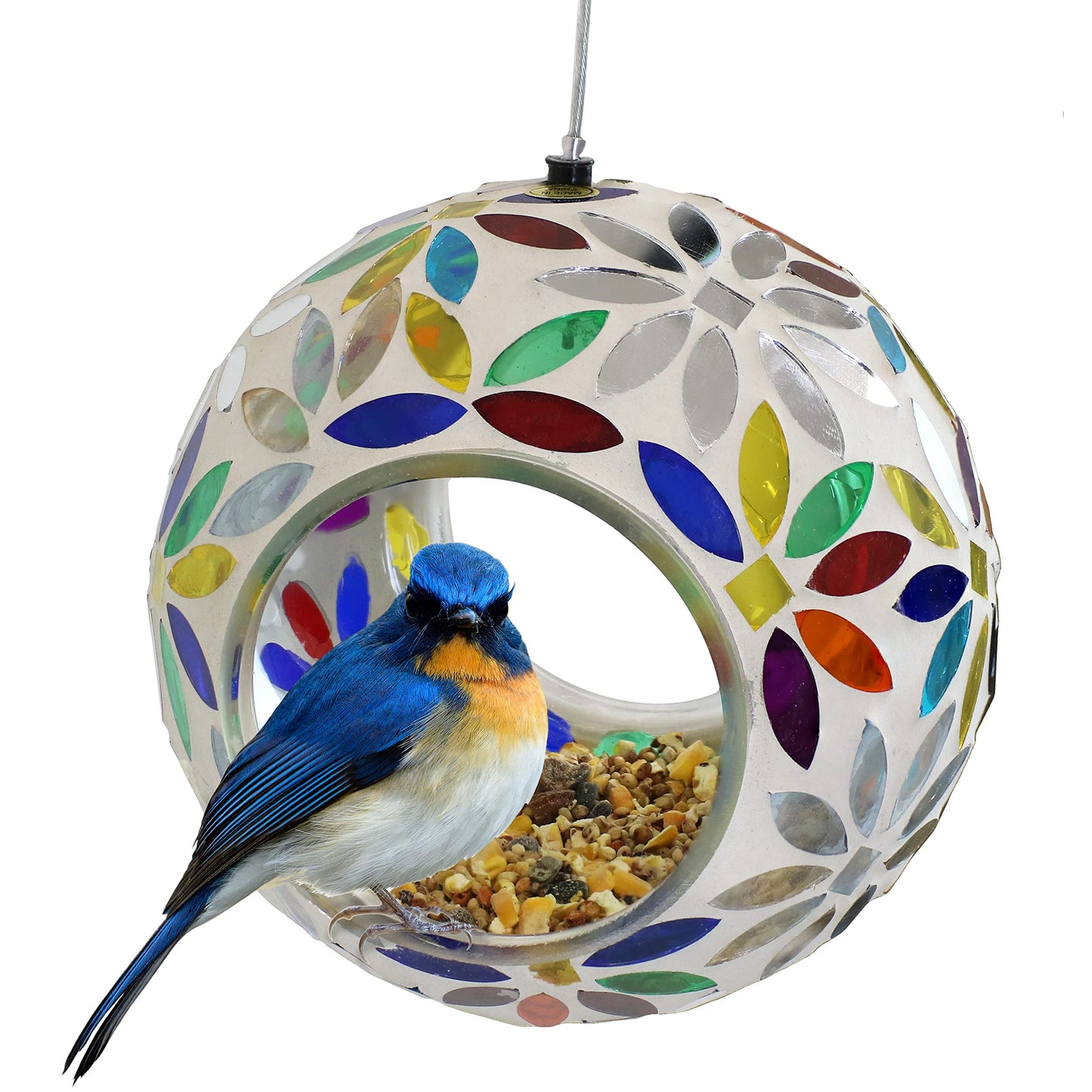 Sunnydaze 6-Inch Glass Mosaic Hanging Bird Feeder for Outdoors - Fly-Through Glass Bird Feeder for Cardinals, Jays, Finches and More - Rainbow Daisies