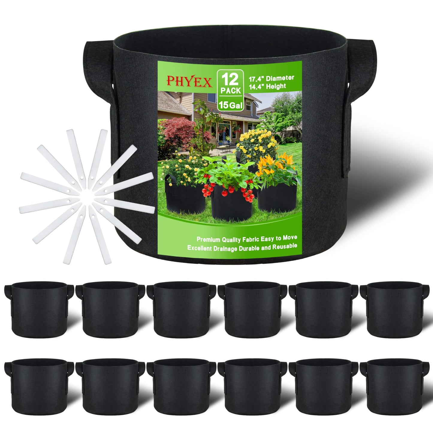 PHYEX 12-Pack 15 Gallon Grow Bags, Heavy Duty Fabric Pots with Handles, Reusable Plant Bags for Vegetable, Herbs & Flowers, BPA-Free, Breathable, Durable