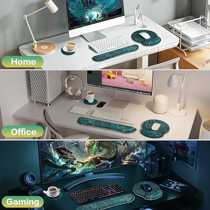 Mouse Pad with Wrist Rest Set, 3-in-1 Wrist Support Mousepad Set, Gaming Mat Pad with Anti-Skid Base,Ergonomic Mouse Pad Green,Memory Foam Gel Wrist Rest for Computer Keyboard