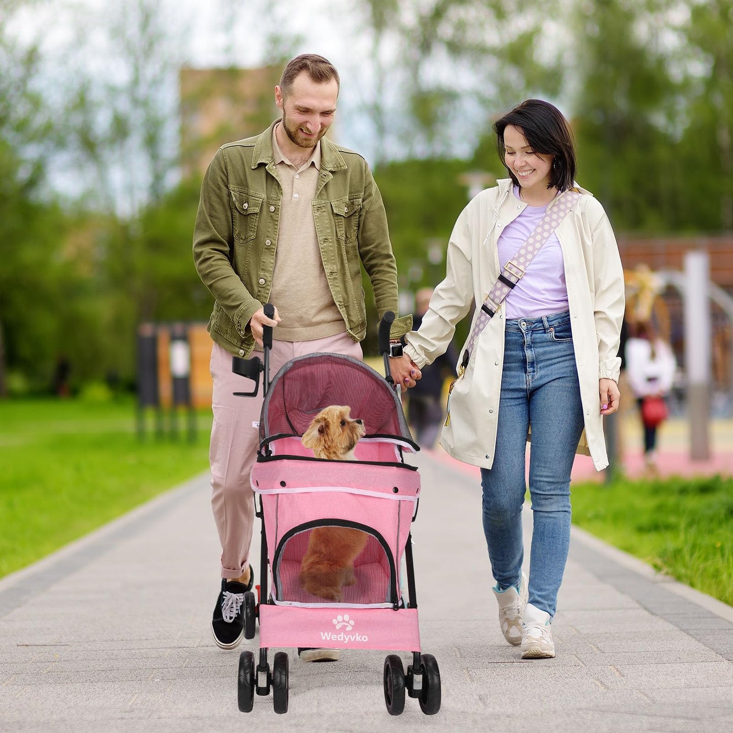 Umbrella Dog Stroller, 4 Wheels Pet Strolling, Foldable Carrier Pet Stroller for Small Dogs Cats, with Carrying Strap and Cup Holder, Dog Poop Bags & Dispenser, Up to 33 lbs, Pink