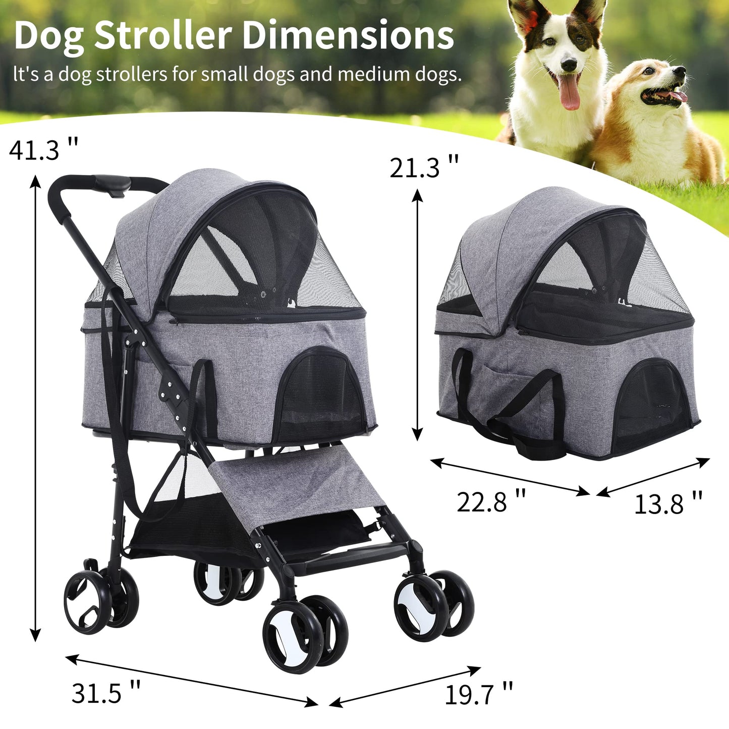 BLKMTY Dog Stroller 3-in-1 Folding Pet Strollers Cat 4 Wheels w/Storage Basket Dog Carrier Trolley One-Button Switch Travel Stroller with Safety Belt Detachable Carrier, Grey