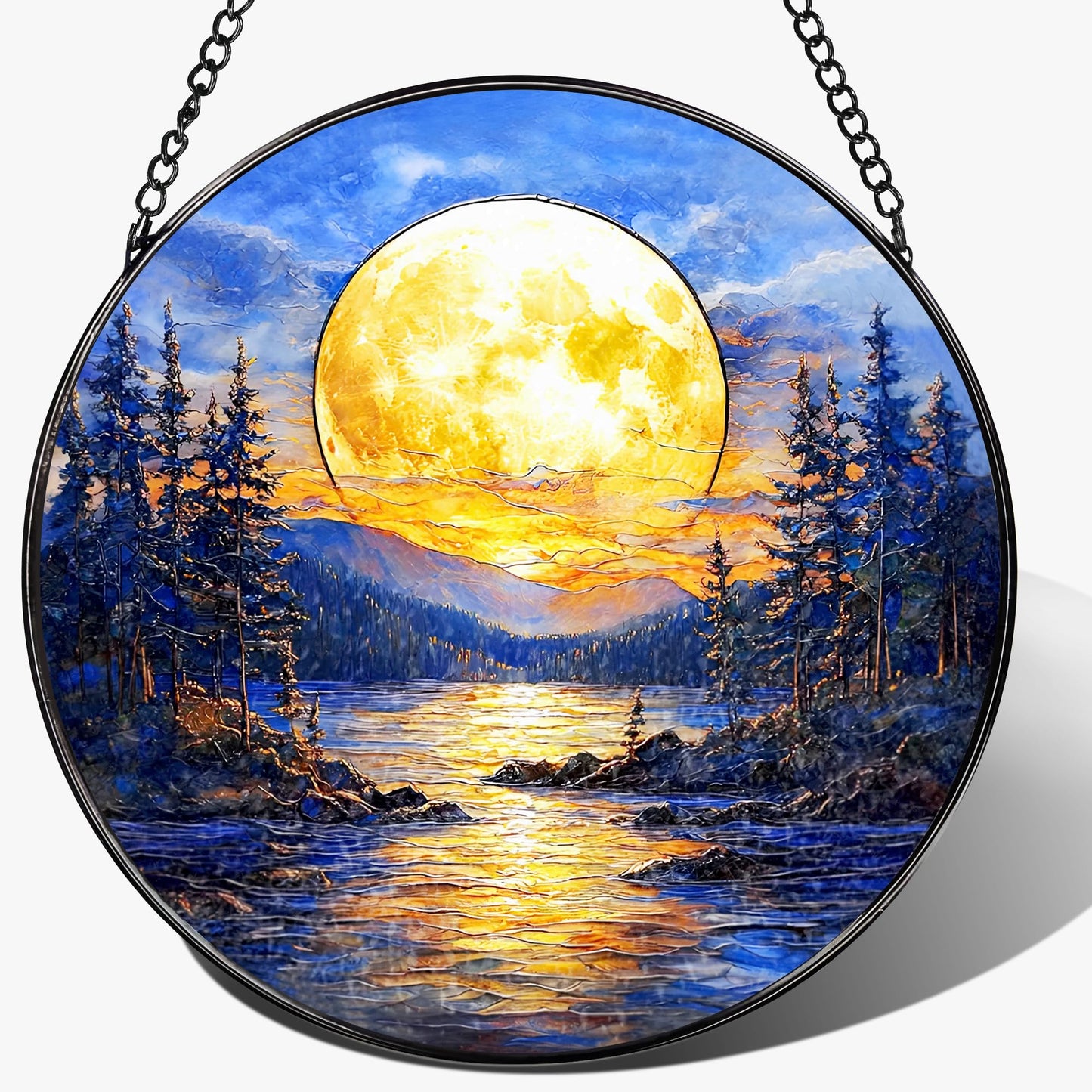 LAOWEIKI 8'' Full Moon Over Forest Lake Suncatcher Ornament, Stained Glass Window Hanging, Sun Catchers for Windows Hanging Ornaments, Window Decor | Gifts for Christmas, Birthday, Father's Day
