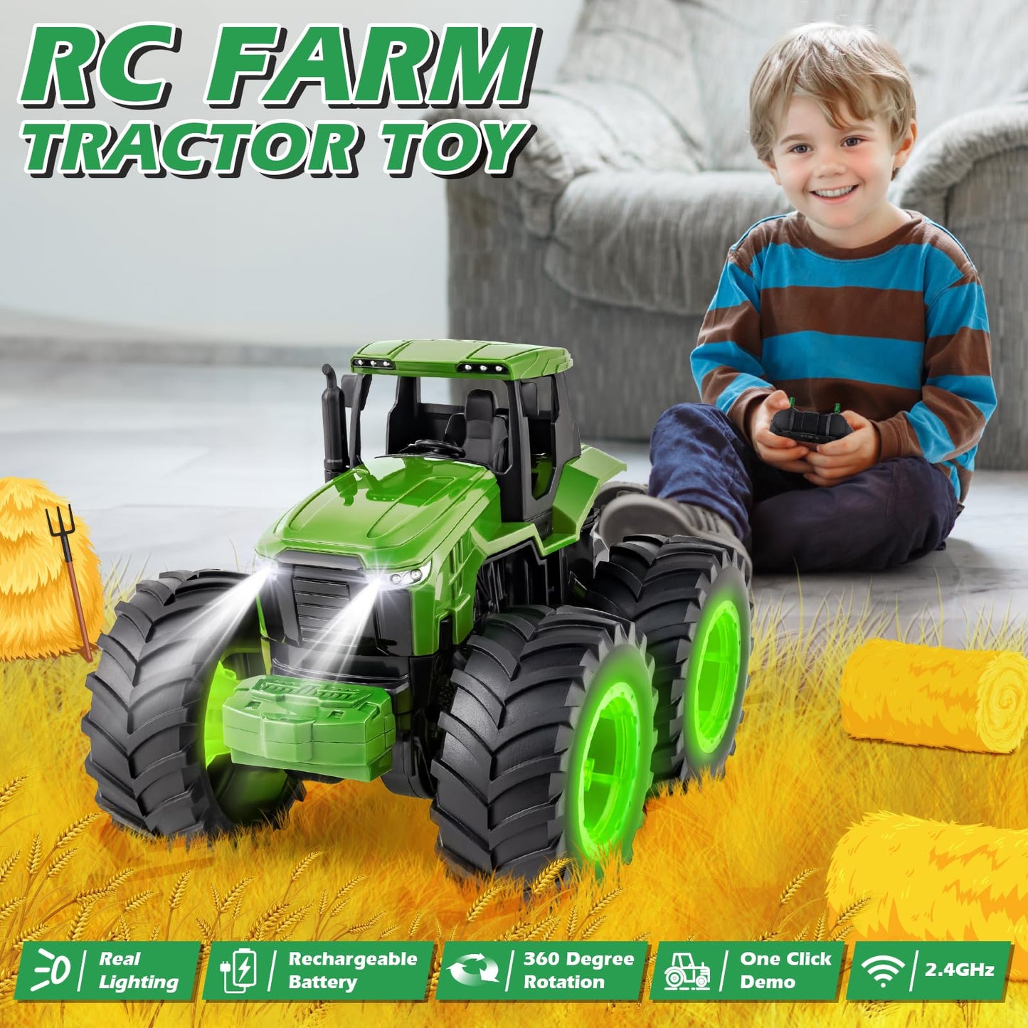 Remote Control Tractor Toys, Light Up Farm Monster Trucks Toy for Boys 3, 4, 5, 6, 7 Year Old, 2.4 Ghz RC Tractor Toys, Ideal Christmas, Birthday Gifts for Kids