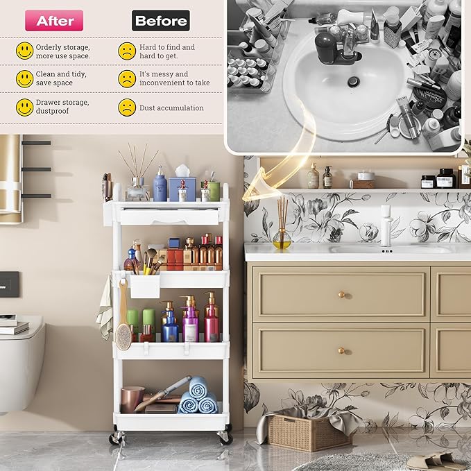 Goovilla Rolling Makeup Organizer Cart with Removable Drawer, 4 Tier Stable White Floor Skincare Storage Cart for Vanity, Cosmetic Display, Nail Polish, Perfume, Hair Stuff, Beauty, Bathroom(Plastic)
