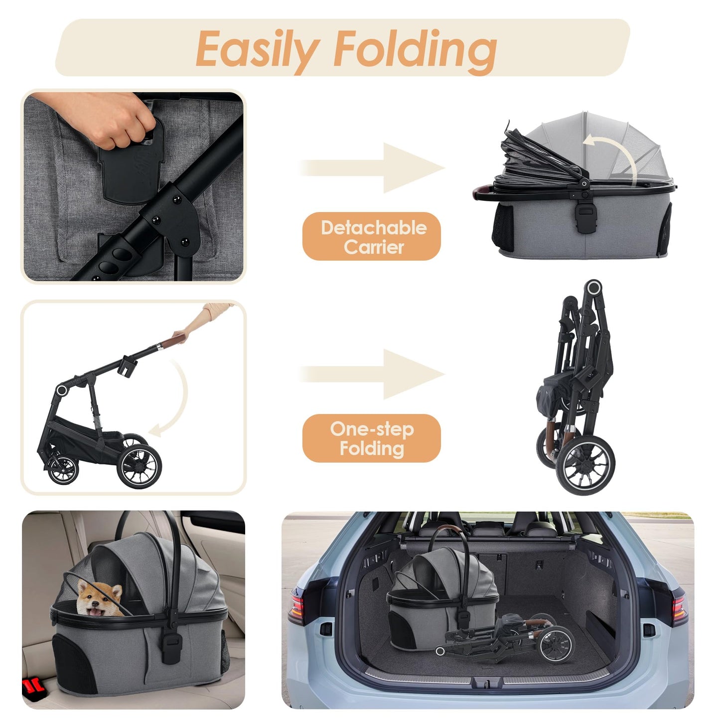 TODEFULL Pet Stroller with 4 Wheels, 3 in 1 Folding Puppy Strollers for Small/Medium Dogs Cats up to 50lbs, Lightweight Pet Travel Carrier with Detachable Cushion, Storage Basket and Cup Holder, Gray