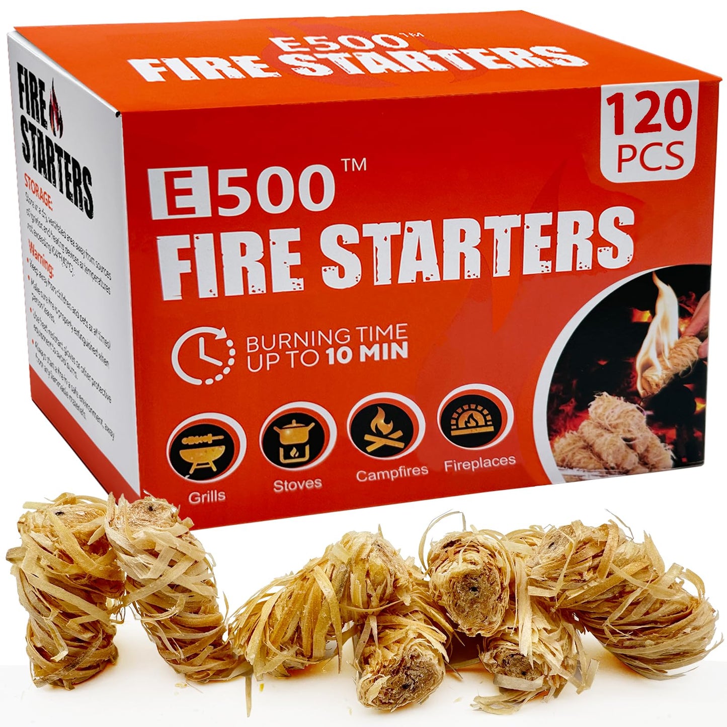 E500 Fire Starter - Natural Fire Starters for Fireplace, Campfires, Chimney, BBQ, Fire Pit & Wood Fireplace - 120 Pack Natural Pine Firestarters