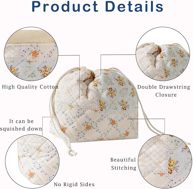 Cotton Quilted Drawstring Makeup Bag with Canvas Lining,Coquette Aesthetic Cute Travel Toiletry Bag,Drawstring Gift Bag for Women and Girls(08Pink Flower)