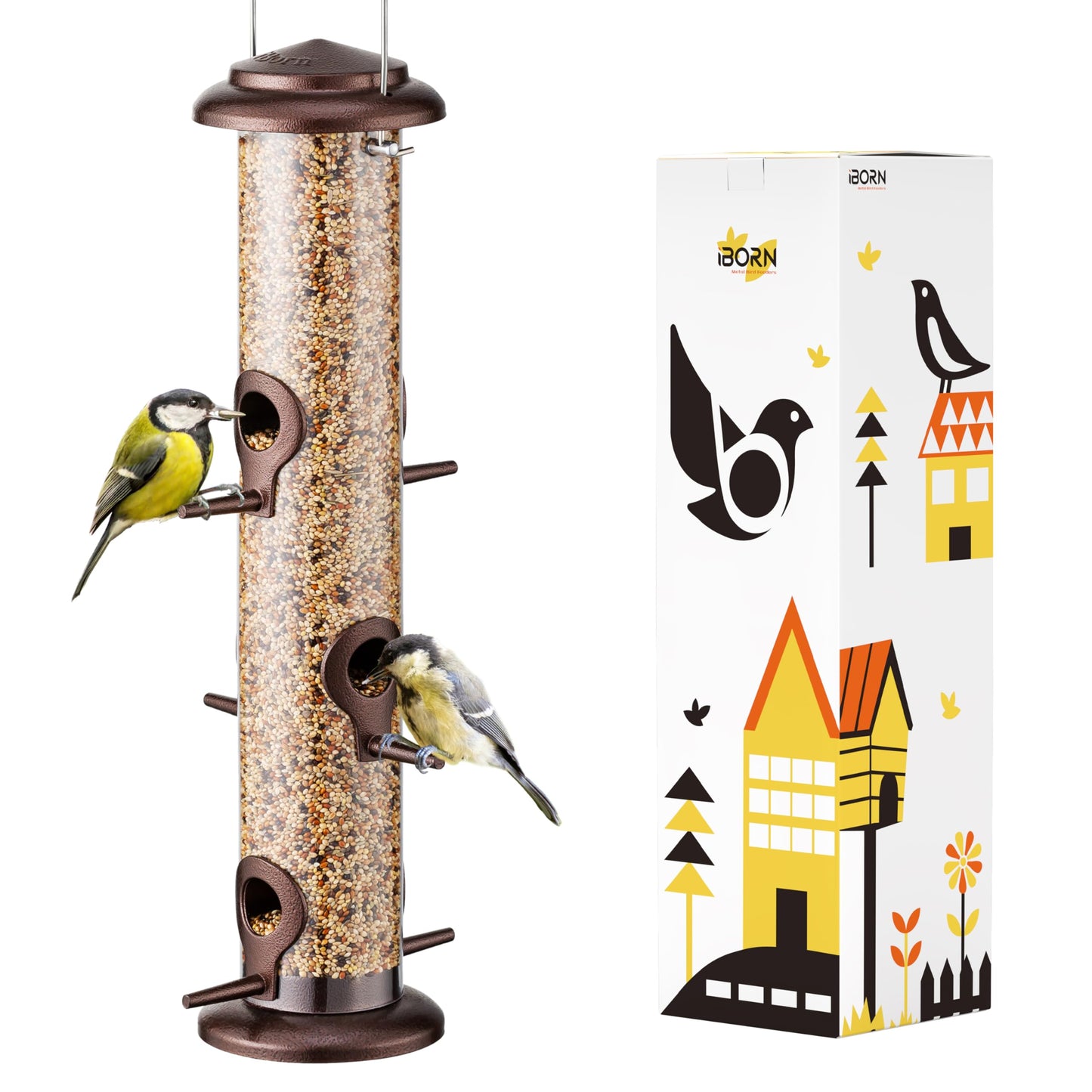 iBorn Metal Bird Feeder Hanging Wild Bird Seed Feeder for Mix Seed Blends Heavy Duty All Metal Coffee Finish,15 Inch 6 Port(Seed is not Included)