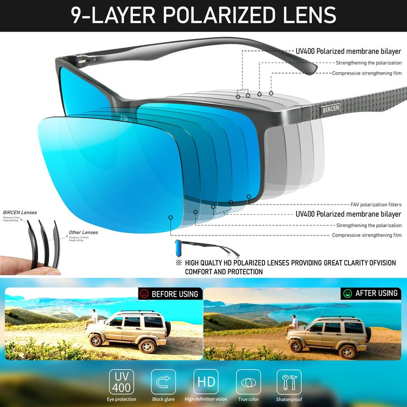 BIRCEN Polarized Mens Sunglasses for Driving: UV Protection Al-Mg Metal Sunglasses Lightweight Shades for Fishing Travel Golf