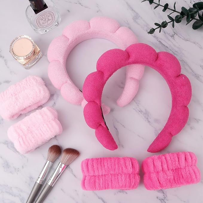 6Pcs Spa Headband and Wrist Washband Set, Skincare Makeup Headband, Sponge Face Wash Band, Terry Cloth Puffy Hair Band for Washing Face