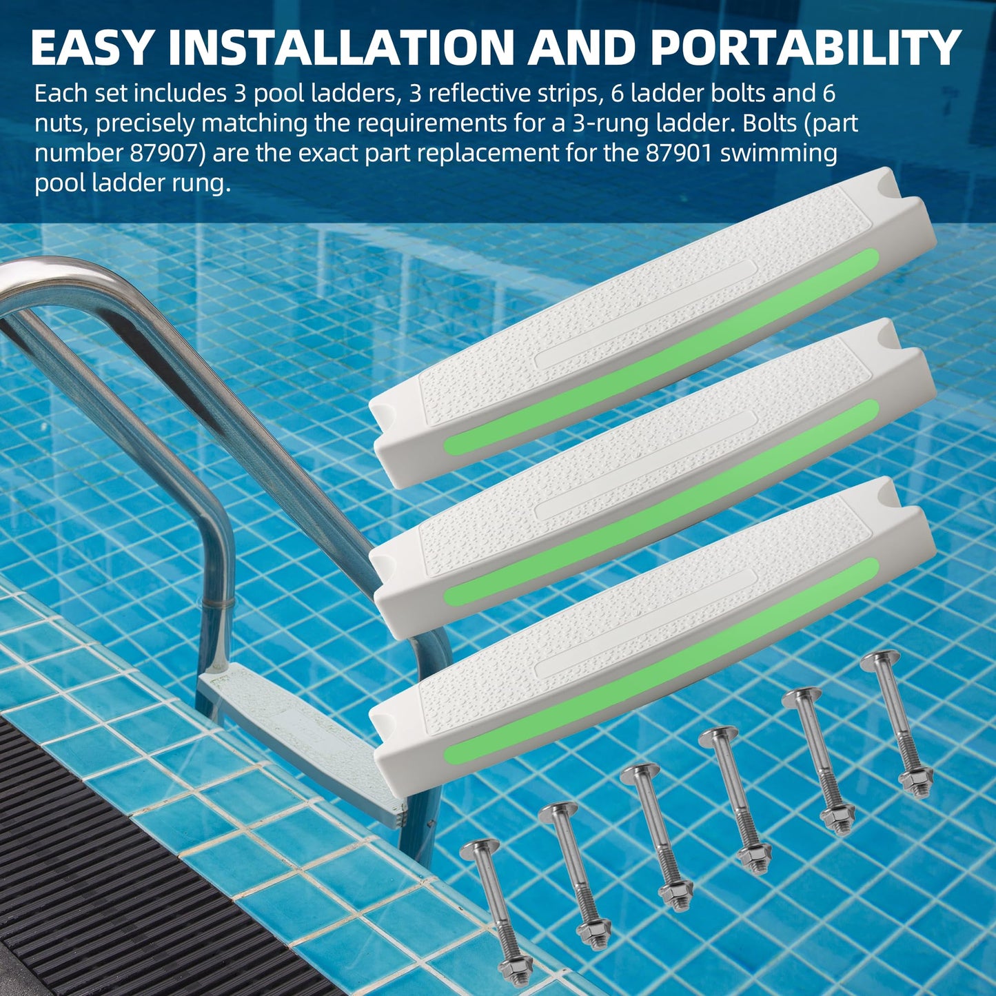 TonGass (3-Pack, White) 18" Universal Pool Ladder Step Replacement with Reflective Strip, Plastic Swimming Pool Ladder Rung Step with Stainless Steel Bolts for Inground Above Ground Pools