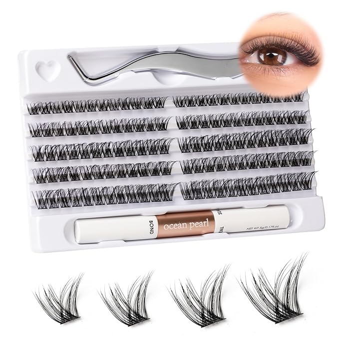 Individual Lashes 120 Cluster Lashes DIY Eyelash Extension Thin Band Wide Stem Lash Clusters with Applicator and Lash Bond and Seal Lash Extension Kit Mix 10-16mm Length C/D-OP01