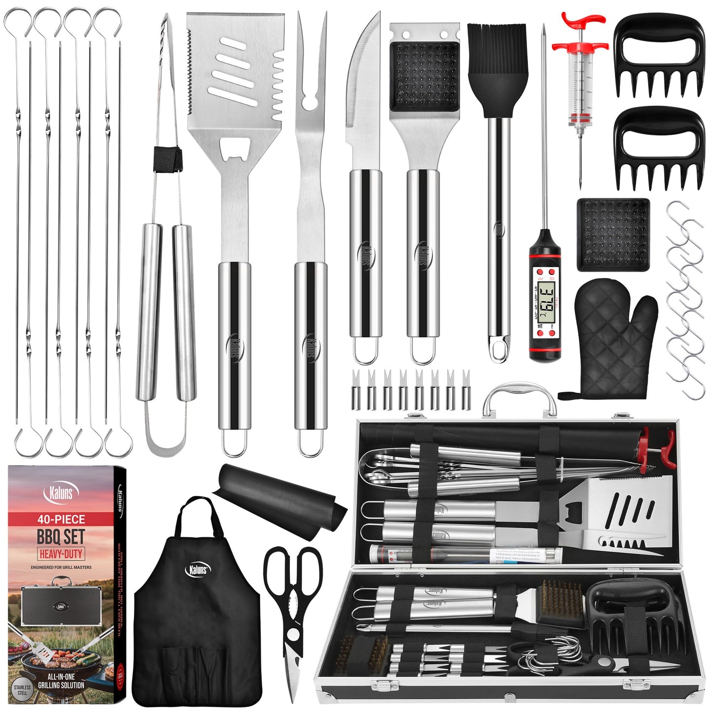 Kaluns BBQ Accessories, Complete Grill Set Dad Gifts for Fathers Day, 40 Pcs Premium Heavy Duty Stainless Steel Barbecue Grill Accessories for Outdoor Grill Gifts for Men