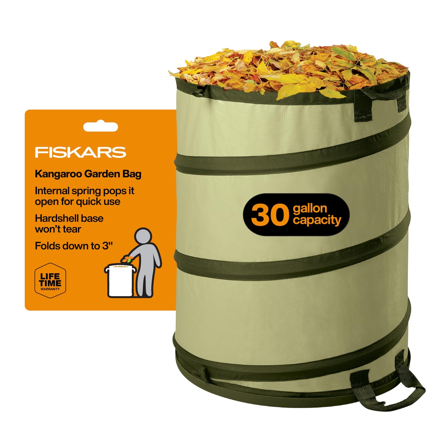 Fiskars Kangaroo Collapsible Garden Bag with Heavy Duty Hardshell Bottom for Yard Waste, 30 Gallon Reusable Container for Lawn Care and Gardening
