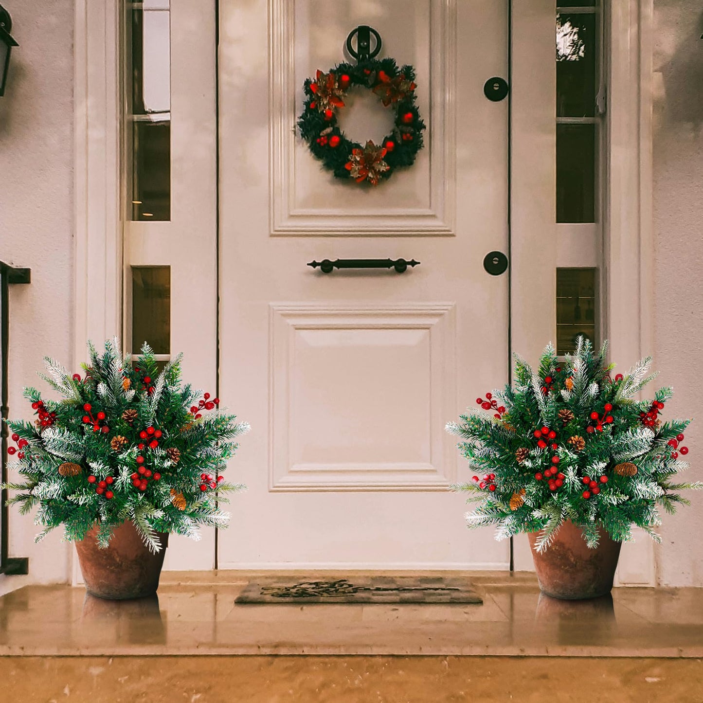 2 Pack Lighted Artificial Christmas Urn Filler, Battery Operated Pre-lit Xmas Pine Trees, Tripod Stake and 60 LED Lights, Holiday Porch Decorations for Porch, Yard, Garden, Flower Beds(Warm White)