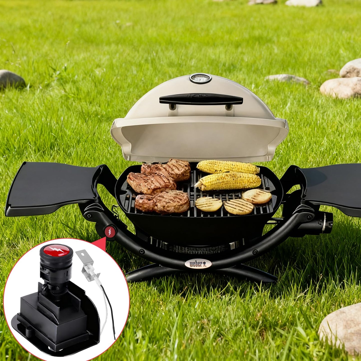 DcYourHome 64868 Grill Igniter Kit for Weber Q1200 Q2200 Series Grill Parts(2014+), Electronic 2-Outlet Ignition Kit for Weber 51010001 51200001, Push Button Ignition Starter Kit with Spark Generator