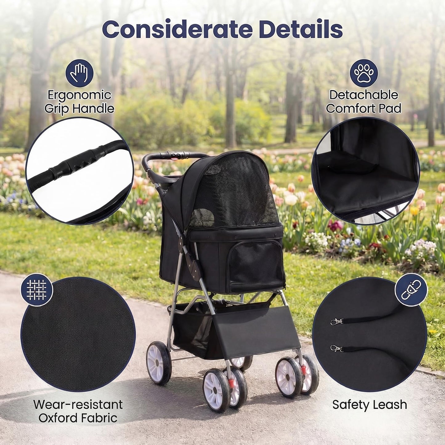 Giantex Foldable Pet Stroller for Small Dogs & Cats, Lightweight Dog Stroller with Lockable Wheels, One-Hand Quick Fold, Adjustable Canopy, Safety Leash & Storage Basket, Pet Travel Stroller, Black