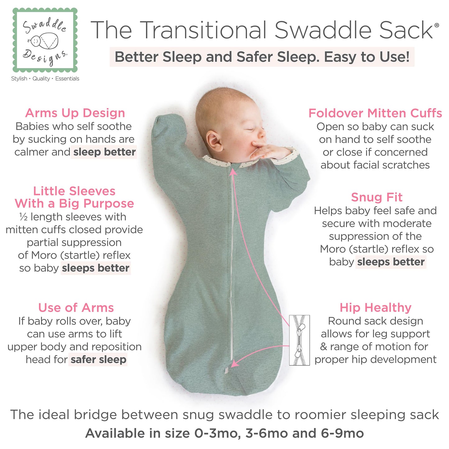 SwaddleDesigns Transitional Swaddle Sack, Arms Up Half-Length Sleeves & Mitten Cuffs, Swaddle for Newborn Transition to Baby Sleep Sack Wearable Blanket, Small, 0-3 Month, 6-14 lb, Heathered Jadeite